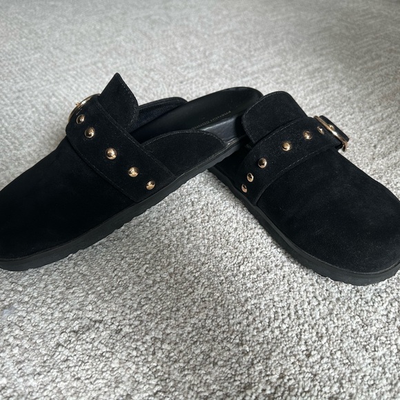 French Connection Black Faux Suede Clogs with Gold Buckle - Picture 2 of 7